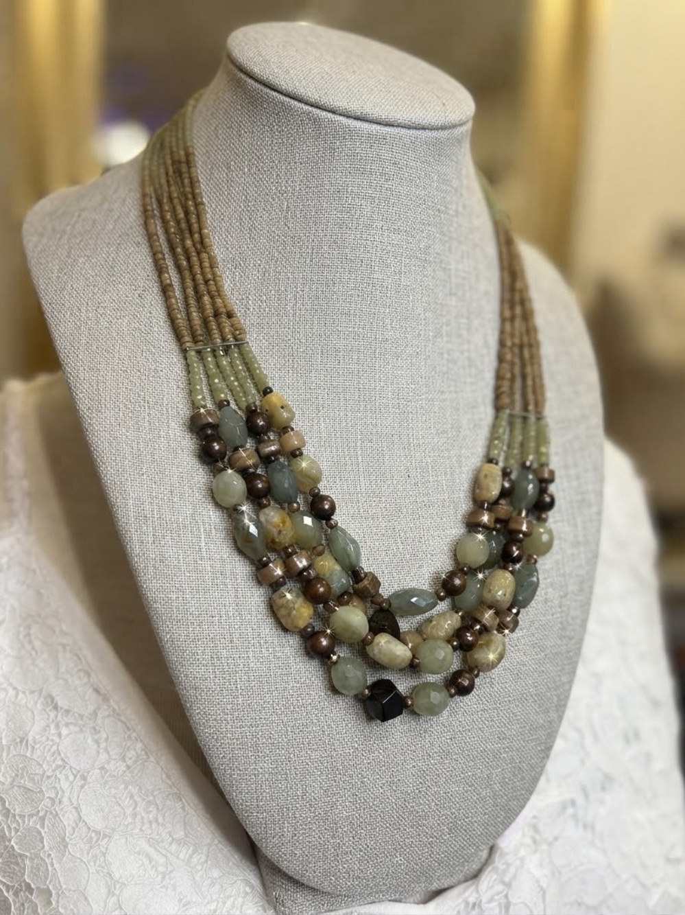 Layered Green and Brown Beaded Statement Necklace